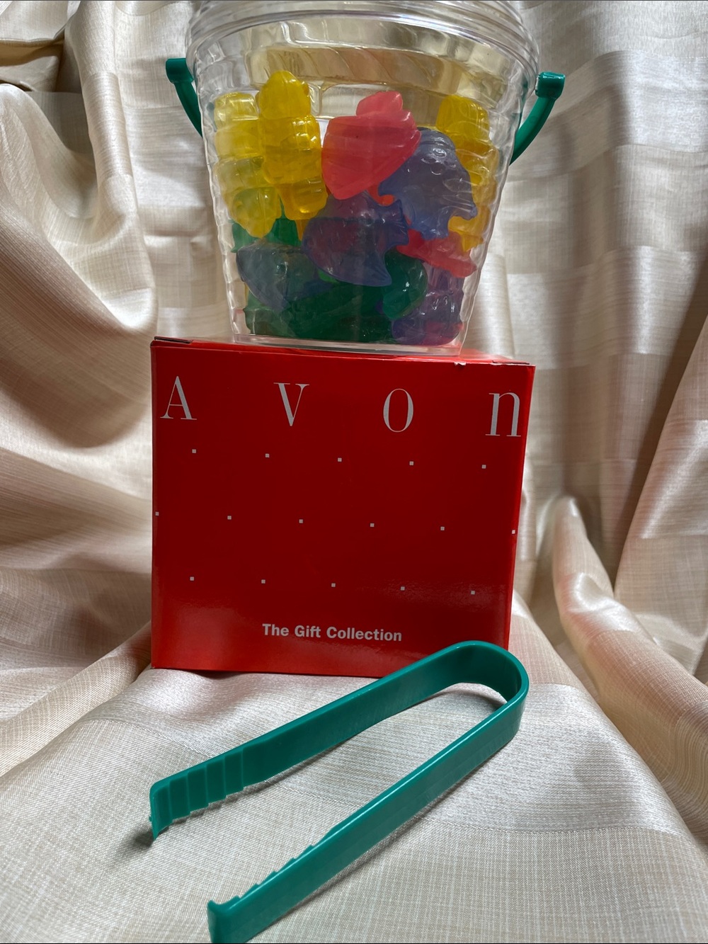 Vintage Avon Ice Bucket with Multicolored Plastic Ice and Green Tongs